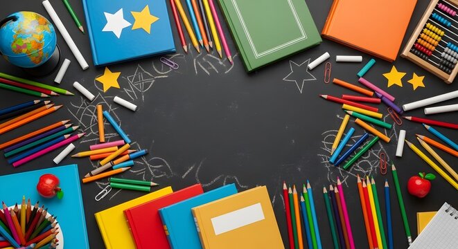 Vibrant and colorful school supplies neatly arranged around a central copy space on a dark chalkboard background, symbolizing learning and creative exploration for education