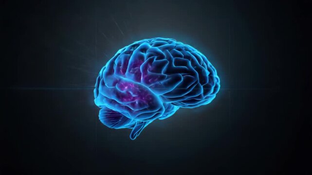 Neon blue brain glowing with highlighted neural activity, cortex and cerebellum. electric