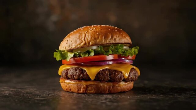 Juicy cheeseburger beef patty with melted cheese lettuce tomato onion on sesame bun