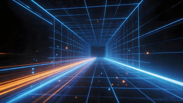 Futuristic neon grid tunnel