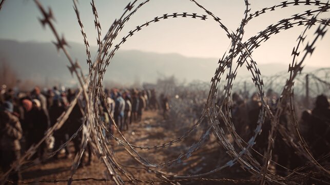 Crowd behind rusted barbed wire fence with blurred mountains background