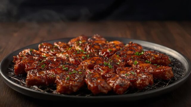 Glazed grilled pork rib barbecue glaze savory smoky sesame chive garnish steaming aroma