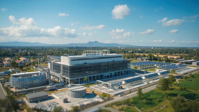 Modern industrial wastewater treatment plant architecture with solar panels green landscape bright