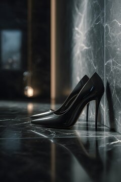 High Heel Stilettos lying minimalist Luxury Black Marble Floor Glamorous Upscale Living Room setting Deep Cool Tonal Colored Ambient Light 45 degree Camera Angle Sophisticated Glamorous Luxurious Mood