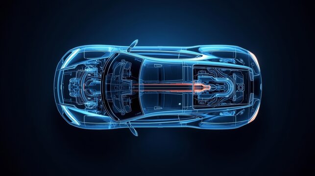 Sports Car Transparent X ray on Gradient Blue and Black Background