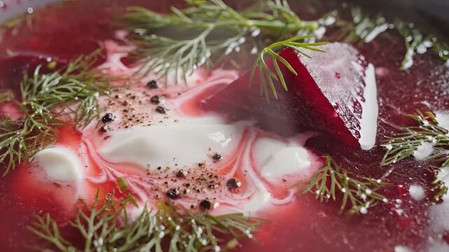 Closeup of Delicious Beetroot Soup with Cream and Dill.