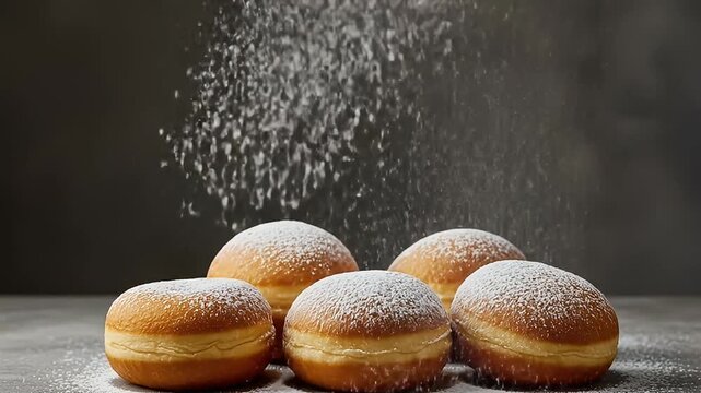 Powdered sugar falling on a cluster of round, golden doughnuts on a dark surface