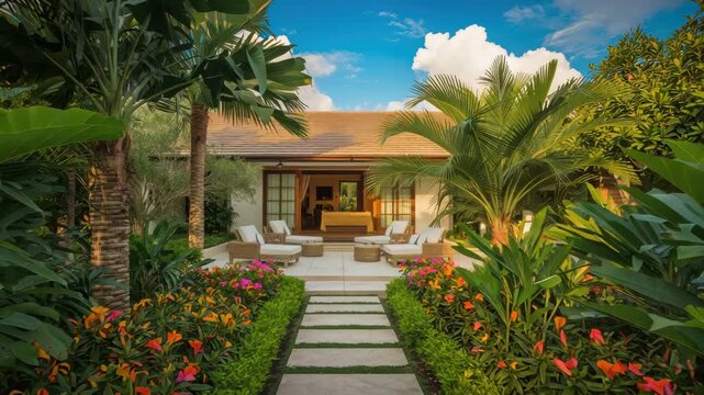Tropical garden path leading to modern bungalow patio lounge seating with lush foliage inviting