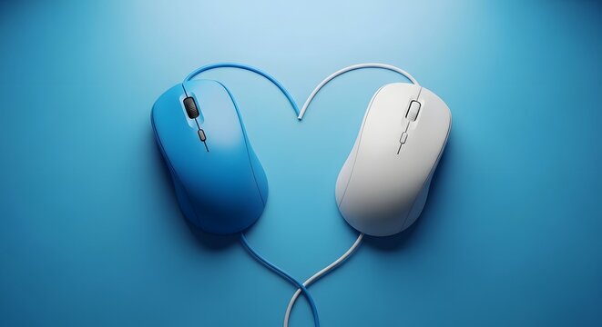 Two computer mice forming a heart shape with their cables against a blue background, symbolizing online love and digital connection