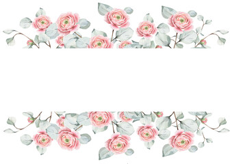 Horizontal watercolor frame with pink ranunculus flowers and eucalyptus leaves, borders with central copy space for wedding invitations, stationery, party, birthday card. Isolated on white background. © Oksana