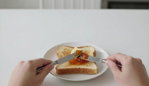 Two hands spreading butter and jam on toast slice with knifes