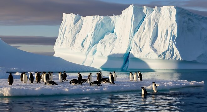 Emperor Penguin Colony Standing on Sea Ice Before Massive Antarctic Iceberg