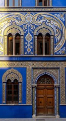 Obraz premium Ornate Blue Tiled Building Facade with Arched Windows and Wooden Door