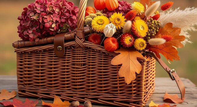 Rustic Wicker Basket Filled with Autumn Flowers and Pumpkins on Wooden Table