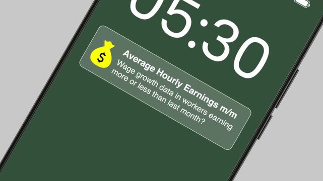 Smartphone screen displays average hourly earnings notification with a question about wage growth