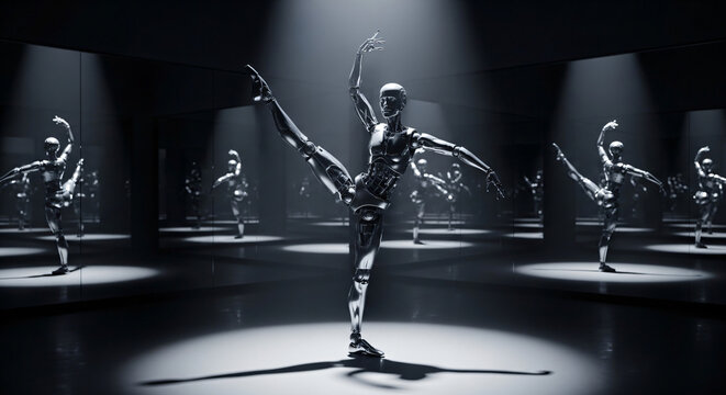 Futuristic robot dance performance on dark stage with dramatic spotlight and neon glow effects