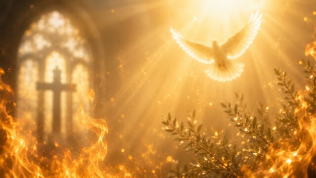 Holy Spirit dove flying in divine golden light with fire flames, christian cross in church window and olive branches. Pentecost sunday religious background, biblical concept of hope and faith.
