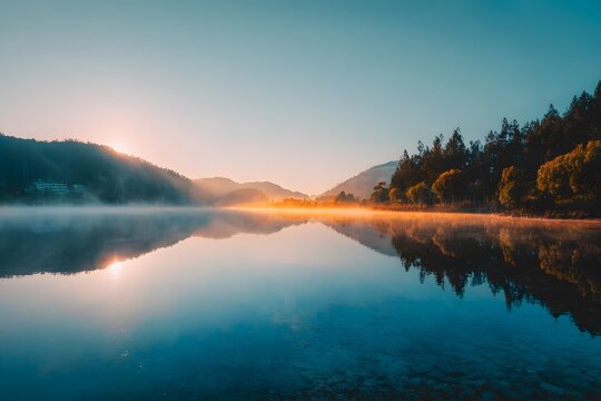 Serene landscape of majestic lake sunrise soft mist warm orange sunlight mid waterpoint camera angle peaceful natural documentary photography style vibrant blue green color high resolution lake
