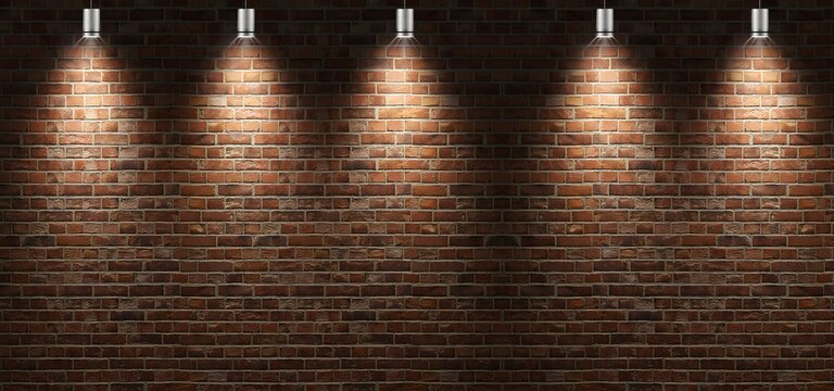 Brick Wall with Spotlights: A rustic brick wall illuminated by a series of focused spotlights, creating an atmosphere of dramatic anticipation, perfect for showcasing performances or product displays.