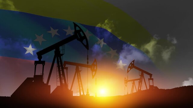 The change in oil prices. Oil price cap concept. Oil drilling derricks at desert oilfield with Venezuela flag. Crude oil production from the ground. Petroleum production.