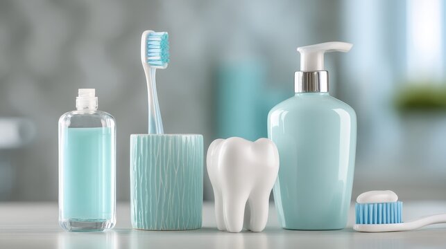 A set of oral care products arranged on a light-colored table, featuring essential teeth hygiene items such as toothbrushes, toothpaste, dental floss, mouthwash, and other dental accessories.