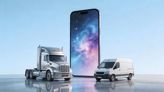 Truck van and smartphone on reflective floor