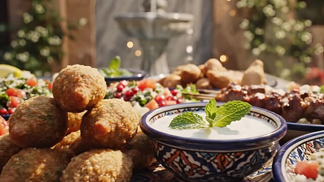 Delicious Middle Eastern Mezze Platter with Falafel and Tabbouleh.