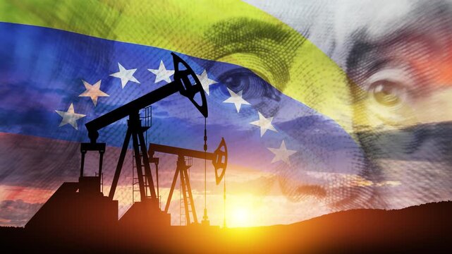 The change in oil prices. Oil price cap concept. Oil drilling derricks at desert oilfield. Oil pump on background of US dollar and Venezuela flag. Petroleum production.