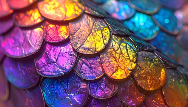 Rainbow Colored Fish Scales Macro Shot.