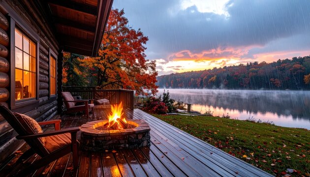 Cozy Cabin Lakeside Deck with Fire Pit.