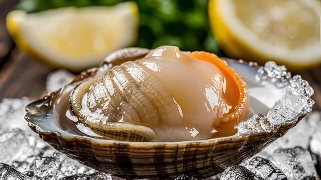 Freshly Prepared Scallop Served on Ice with Lemon and Herbs.