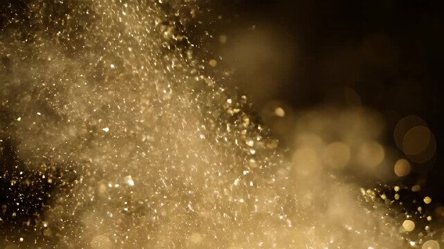 Golden Glitter Particles Falling Downward With Bokeh Effect Background.