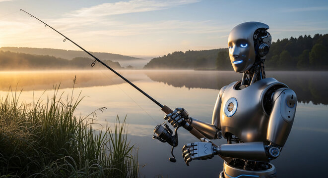 Futuristic humanoid robot fishing at serene lakeside during golden hour sunset
