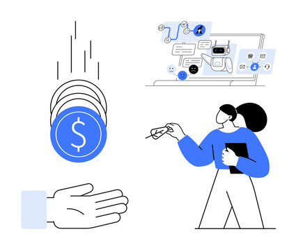 Digital banking, AI solutions, fintech, business training, customer support, automation. Coins flowing into a hand, chatbot interface and a professional presenting. Digital banking and AI solutions