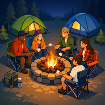 Group of friends roasting marshmallows around a campfire at a campsite