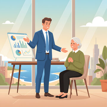 A financial advisor explaining a data chart to a senior woman in a modern office