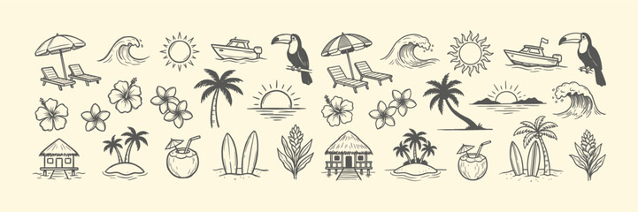 Tropical summer vacation hand drawn icon set. Beach travel outline sketch illustrations with palm tree, sun, waves, surfing and toucan. © FreelancerHasin