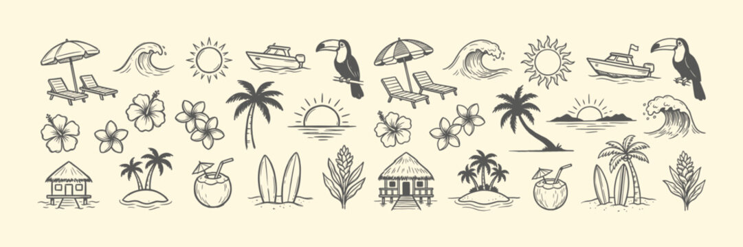 Tropical summer vacation hand drawn icon set. Beach travel outline sketch illustrations with palm tree, sun, waves, surfing and toucan.