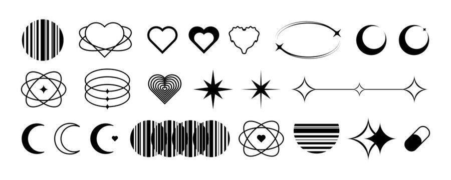 Set with different Y2k elements for design. Trendy geometric brutalism forms, elements. Simple shapes forms, symbols and frames y2k style