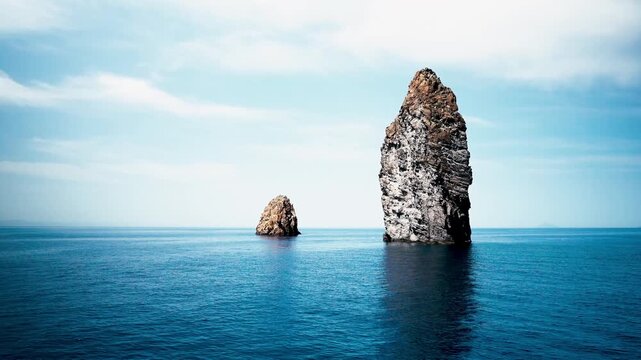 Dramatic limestone sea stacks rising from turquoise Mediterranean waters off Sicily, Italy. Clear blue sky with white clouds, serene seascape. La Canna di Filicudi, Aeolian Islands &mdash; sea stack