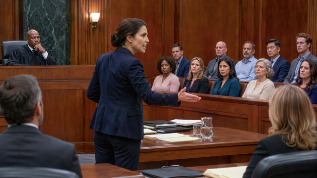 Female attorney delivers closing arguments to a diverse jury as a judge observes from the bench in a wood-paneled courtroom.