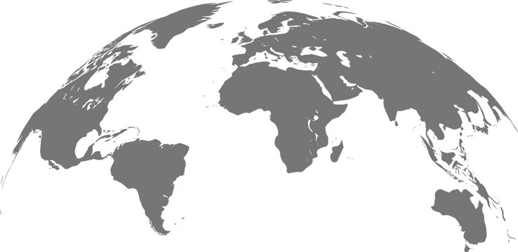 Detailed global map illustration showing continents and islands in a simplified grey silhouette
