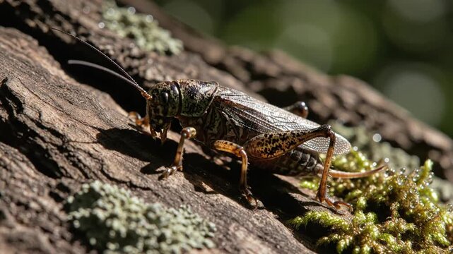 Camouflaged Cricket Clinging to Textured Tree Bark