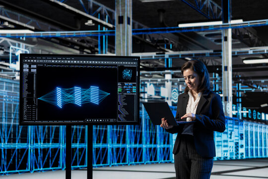 LLM AI assistant visualization computer graphics used by server hub technician to do maintenance. Woman monitoring data center mainframes used for hosting machine learning models, VFX overlay
