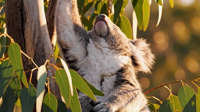 Koala Reaching Upwards in Eucalyptus Leaves