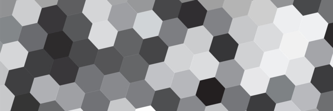 A dynamic abstract background featuring a tessellating pattern of blue, white, gray, and black hexagons, creating a modern geometric mosaic suitable for technology or design themes.