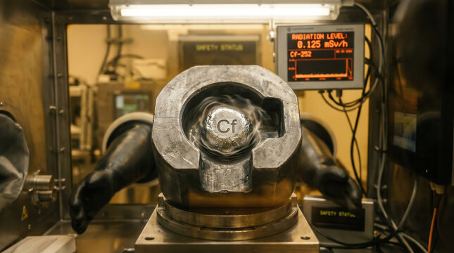 Californium Synthetic Radioisotope Lab Equipment with Robotic Arm Manipulator in Nuclear Science Research Facility