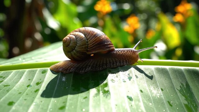 Brown Shelled Snail Ascending Waxy Banana Leaf in Garden