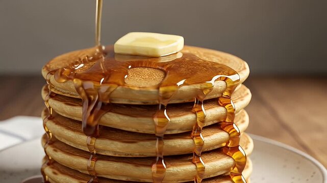Stack of pancakes with butter being drizzled with golden syrup on a plate
