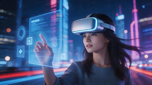 Woman using virtual reality headset in city